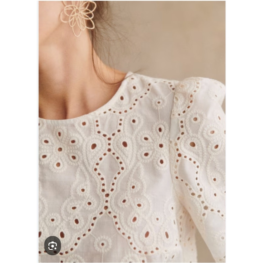 Sezane Anabelle White Eyelet blouse Ivory short Sleeve top cottagecore 38/6/Med - Picture 2 of 9
